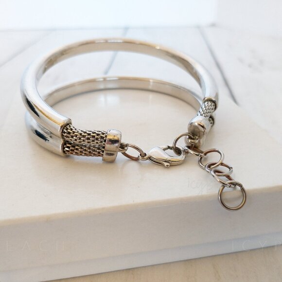 Bangle Bracelet Silvertone Fashion Jewelry Double Bangle Coastal Grandma Classic - Picture 9 of 11